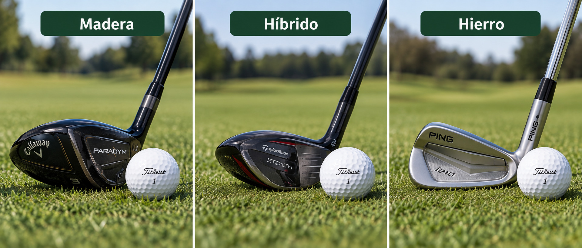 Comparación entre madera de calle, híbrido y hierro largo de golf