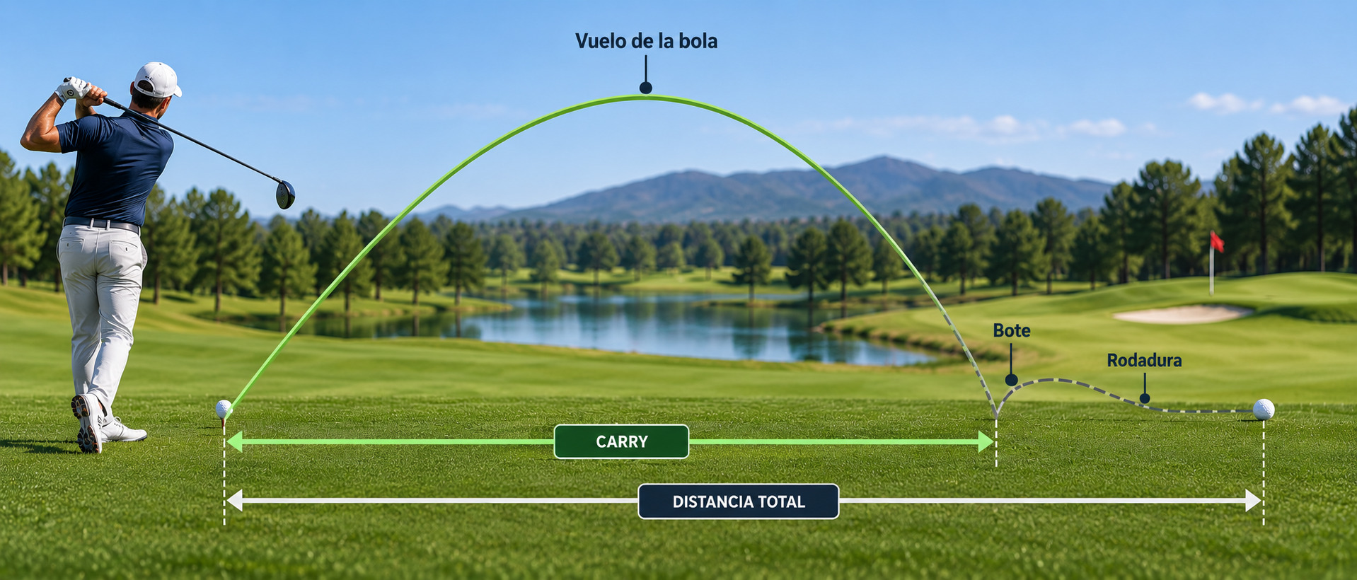 Diferencia entre carry y distancia total en un golpe de golf