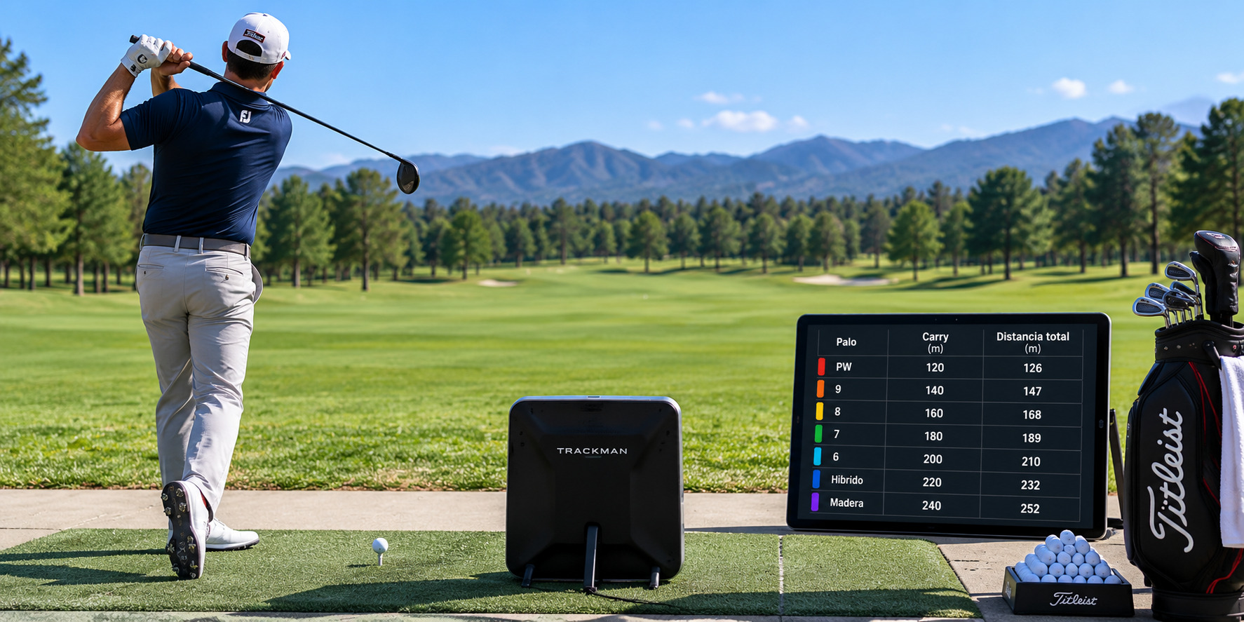 Jugador midiendo la distancia de sus palos de golf con un simulador o monitor de lanzamiento