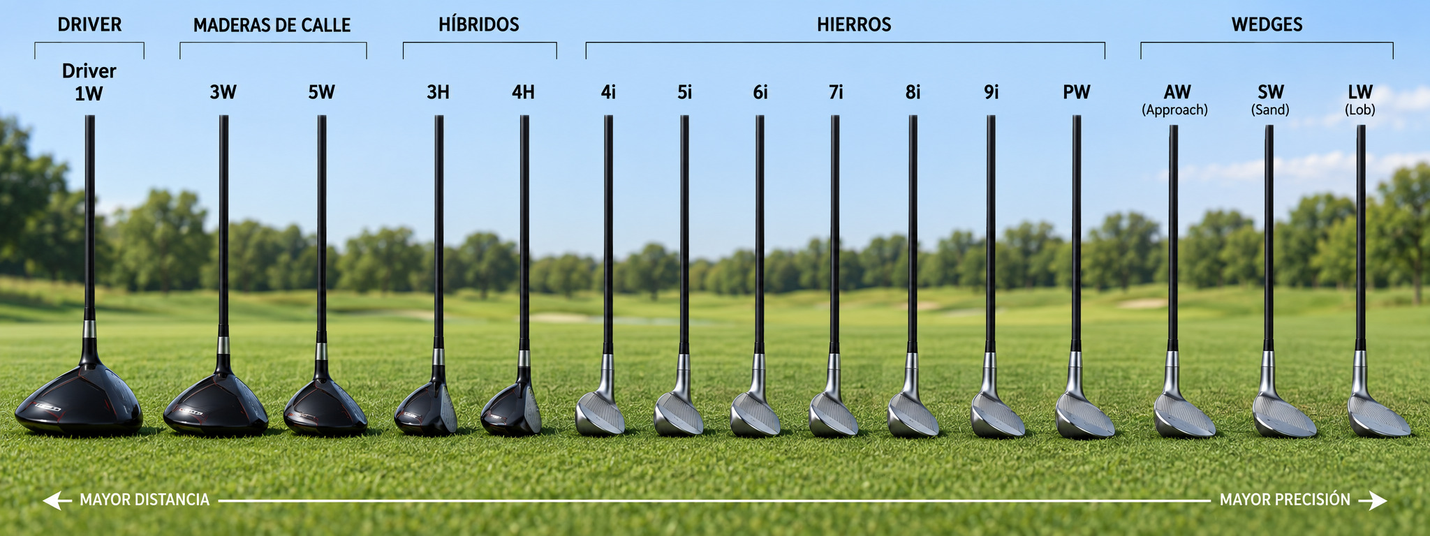 Palos de golf ordenados desde driver hasta wedges